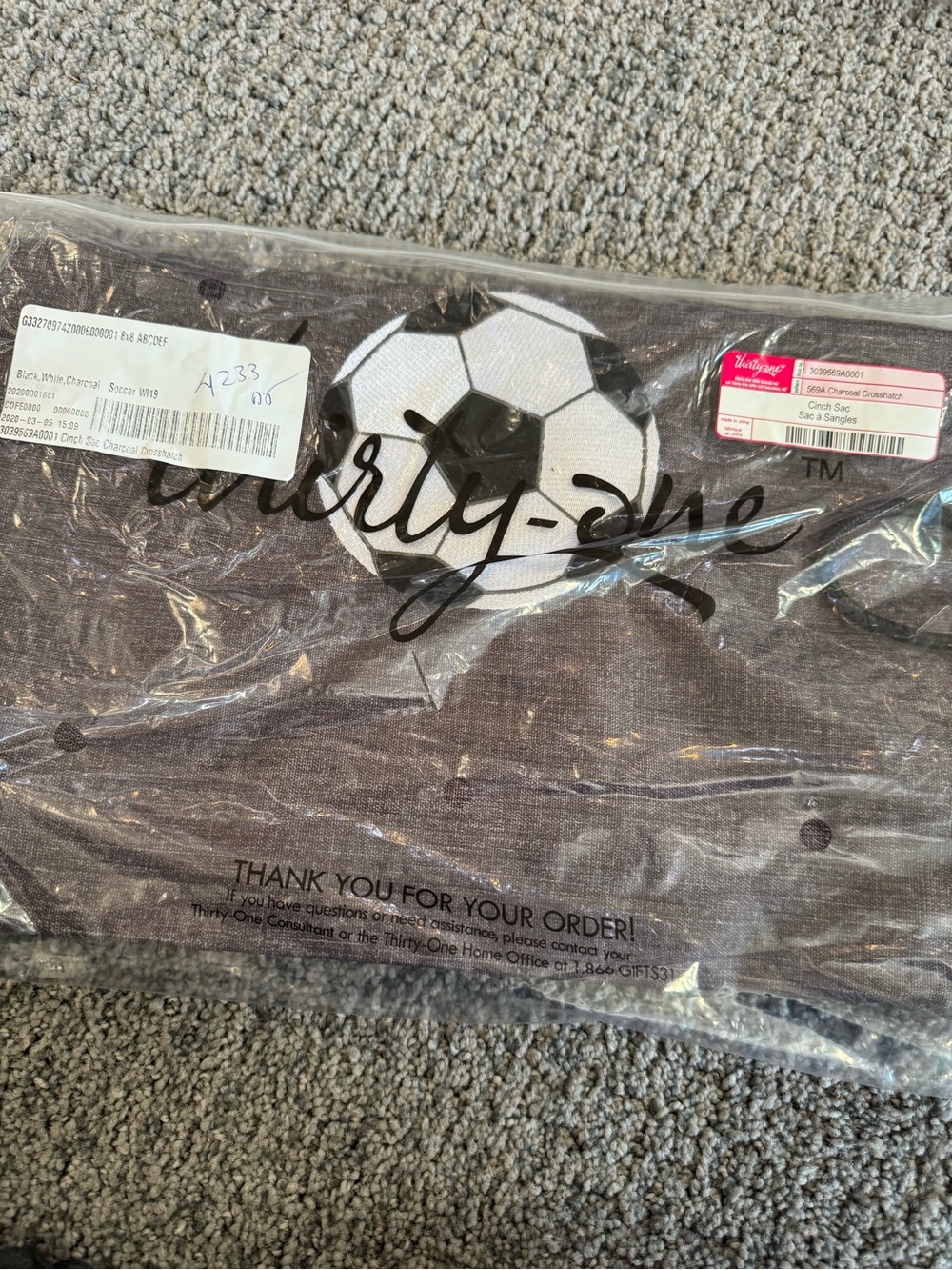 Thirty-One Gifts charcoal cinch sack with embroidered soccer ball